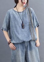 Retro Denim Blue O-Neck Patchwork Top Half Sleeve