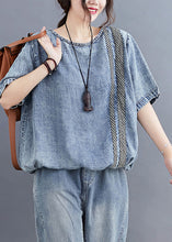 Load image into Gallery viewer, Retro Denim Blue O-Neck Patchwork Top Half Sleeve