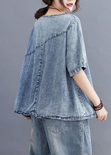 Load image into Gallery viewer, Retro Denim Blue O-Neck Patchwork Top Half Sleeve