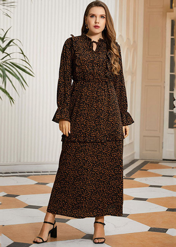 Retro Khaki Ruffled Patchwork Print Cotton Maxi Dress Long Sleeve