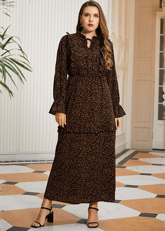 Retro Khaki Ruffled Patchwork Print Cotton Maxi Dress Long Sleeve