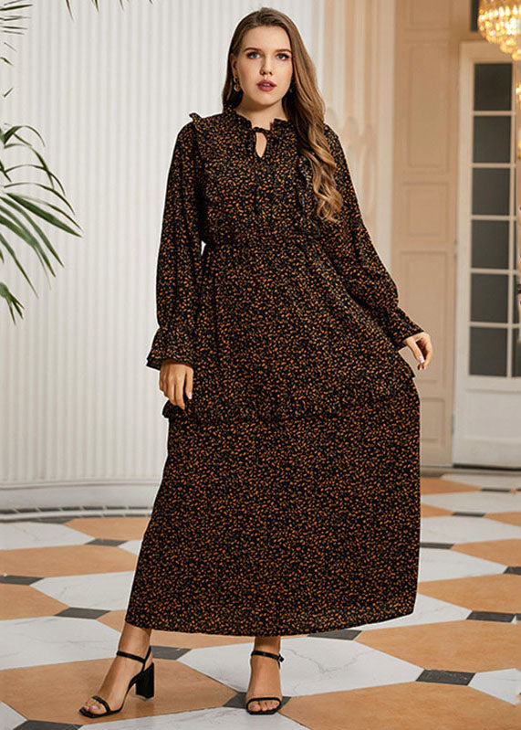Retro Khaki Ruffled Patchwork Print Cotton Maxi Dress Long Sleeve