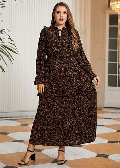 Retro Khaki Ruffled Patchwork Print Cotton Maxi Dress Long Sleeve