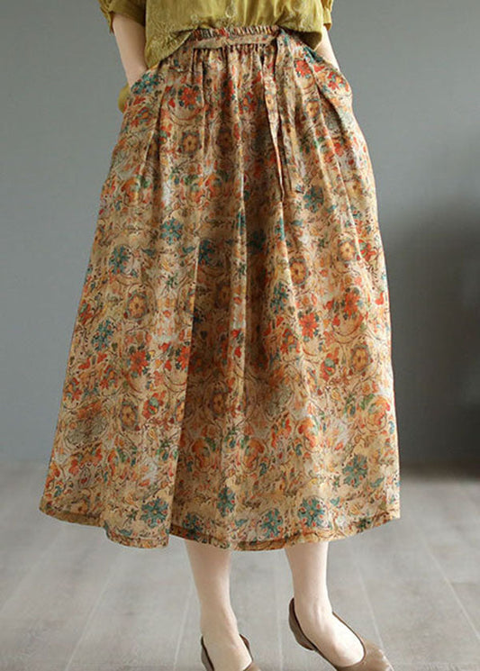 Retro Khaki Wrinkled Pockets Print Patchwork Linen Skirts Summer