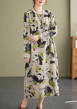 Load image into Gallery viewer, Retro O-Neck Print Pockets Linen Vacation Dresses Long Sleeve