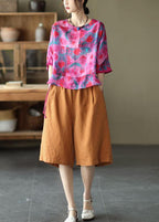 Rose Print Side Open Drawstring Print Summer Ramie Blouses