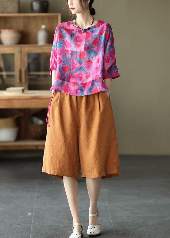 Rose Print Side Open Drawstring Print Summer Ramie Blouses