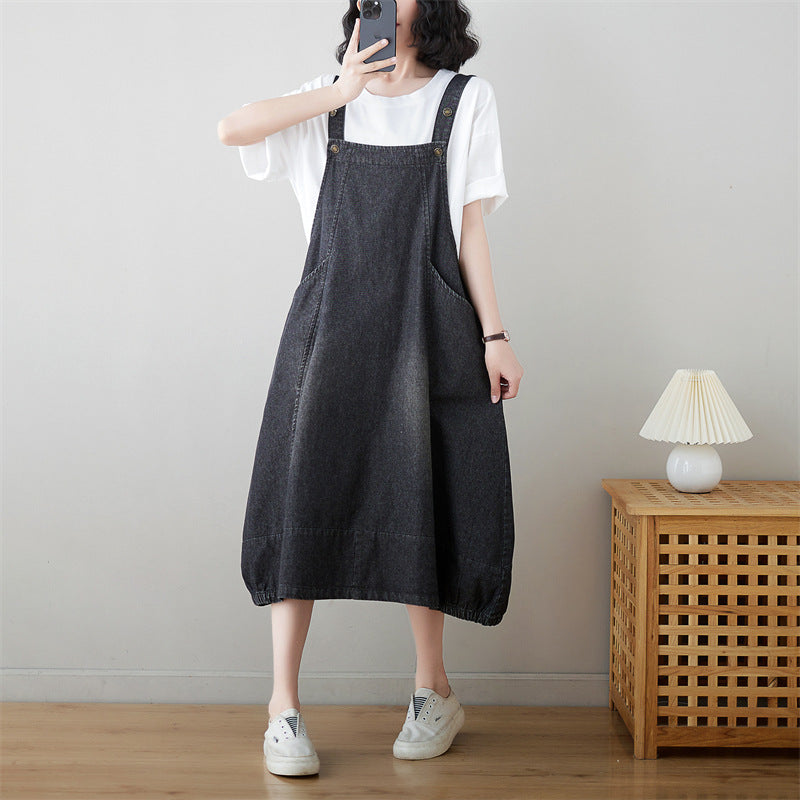 Women Summer Solid Worn Demin Suspender Dress