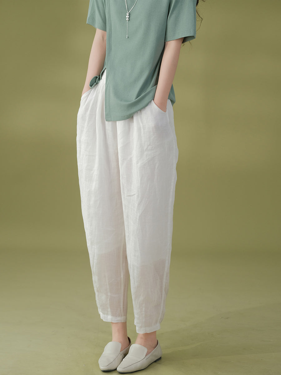 Women Summer Solid Pleat Pocket Thin Ramie Harem Pants