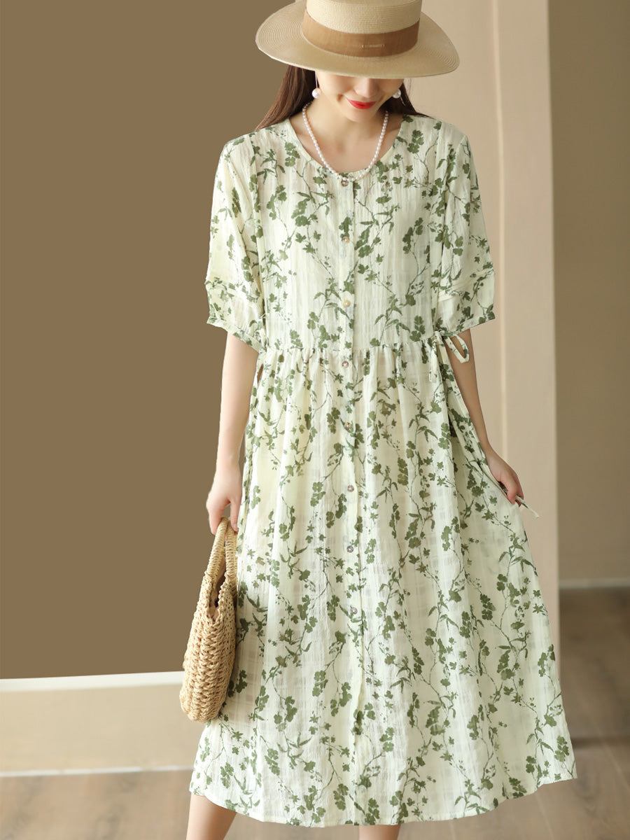 Women Summer Floral Drawstring Pleat Loose Cardigan Dress
