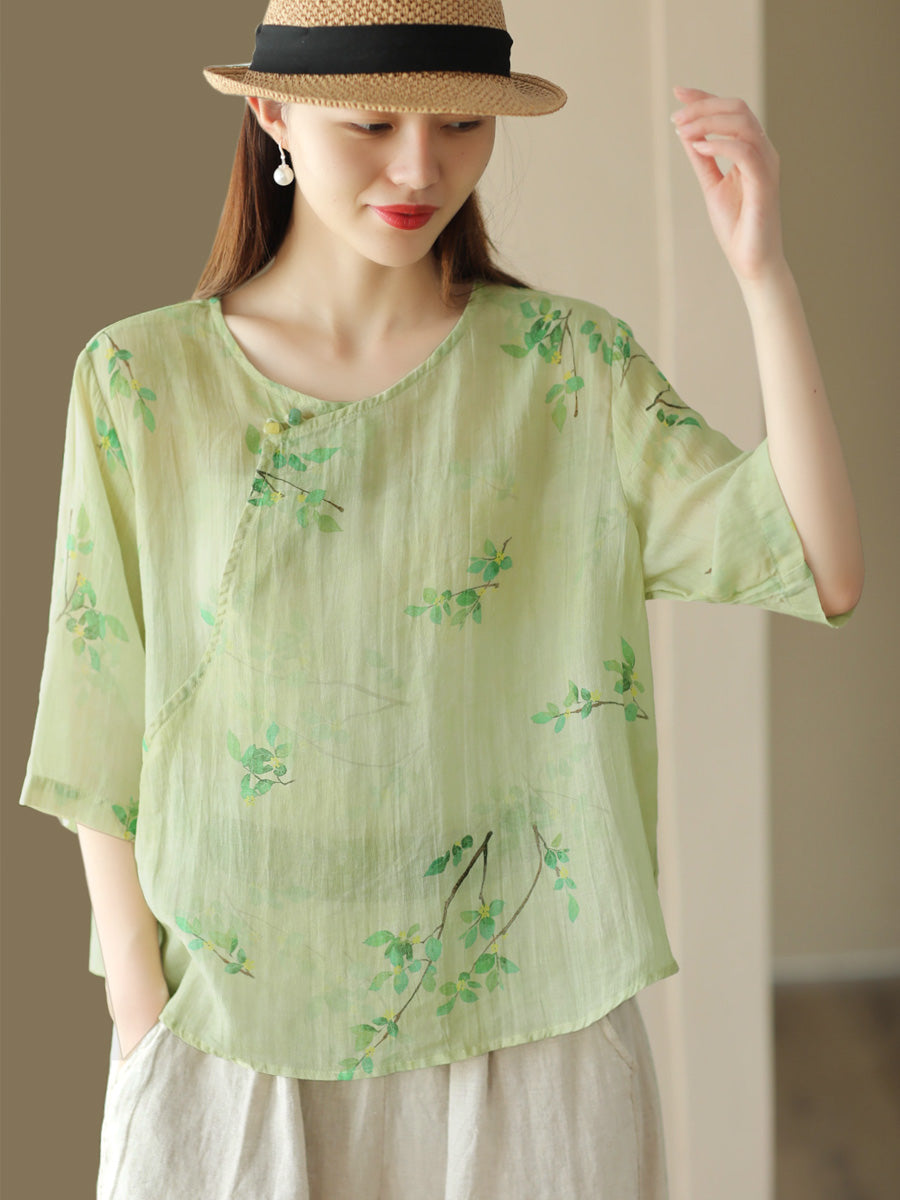 Women Summer Vintage Flower Slant Closure Ramie Shirt