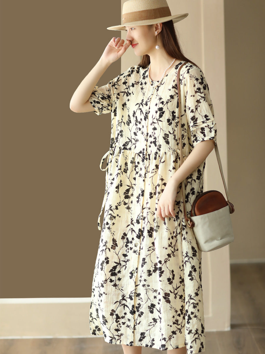 Women Summer Floral Drawstring Pleat Loose Cardigan Dress