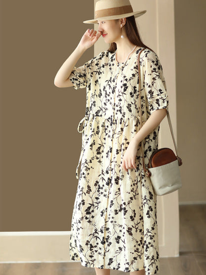 Women Summer Floral Drawstring Pleat Loose Cardigan Dress