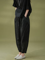 Women Summer Solid Pleat Pocket Thin Ramie Harem Pants