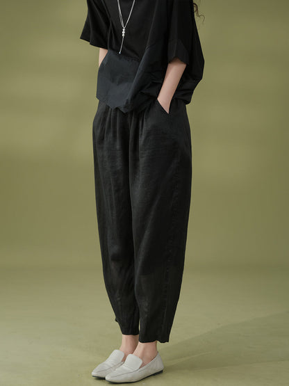 Women Summer Solid Pleat Pocket Thin Ramie Harem Pants