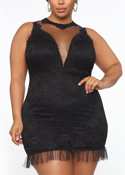 Sexy Black O-Neck Bustier Top Lace Patchwork Mid Dress Summer