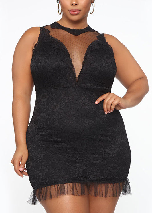 Sexy Black O-Neck Bustier Top Lace Patchwork Mid Dress Summer