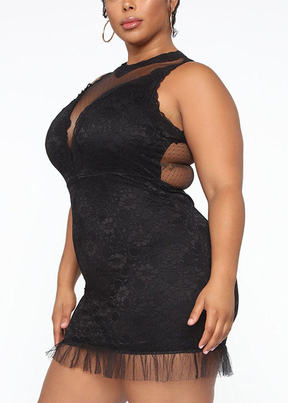 Sexy Black O-Neck Bustier Top Lace Patchwork Mid Dress Summer