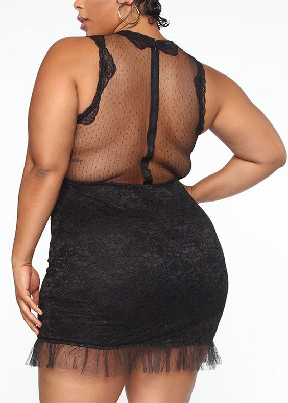 Sexy Black O-Neck Bustier Top Lace Patchwork Mid Dress Summer