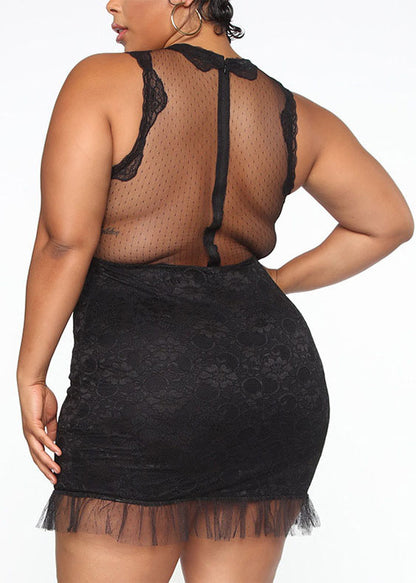 Sexy Black O-Neck Bustier Top Lace Patchwork Mid Dress Summer