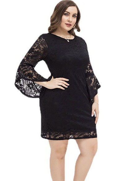 Sexy Black O-Neck Solid Lace Mid Dresses Fall