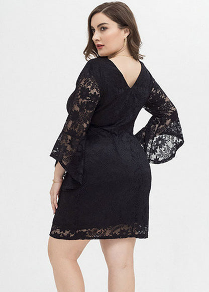 Sexy Black O-Neck Solid Lace Mid Dresses Fall