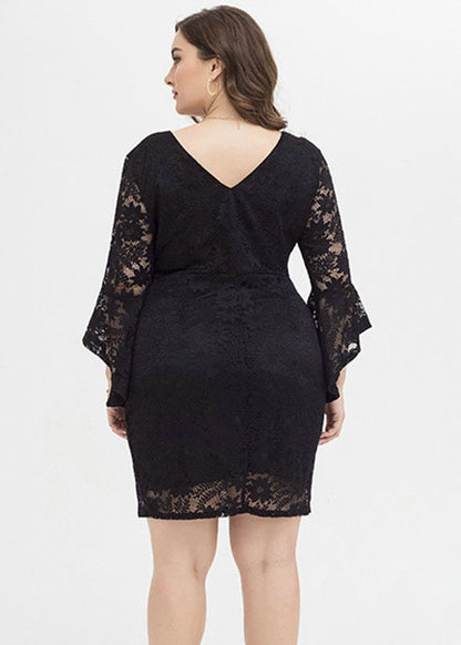 Sexy Black O-Neck Solid Lace Mid Dresses Fall