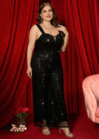 Sexy Black Slash Neck Sequins Backless Tulle Jumpsuits Sleeveless