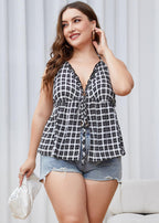 Sexy Black White Plaid V Neck Patchwork Cotton Top Summer