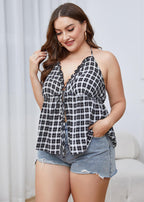 Sexy Black White Plaid V Neck Patchwork Cotton Top Summer