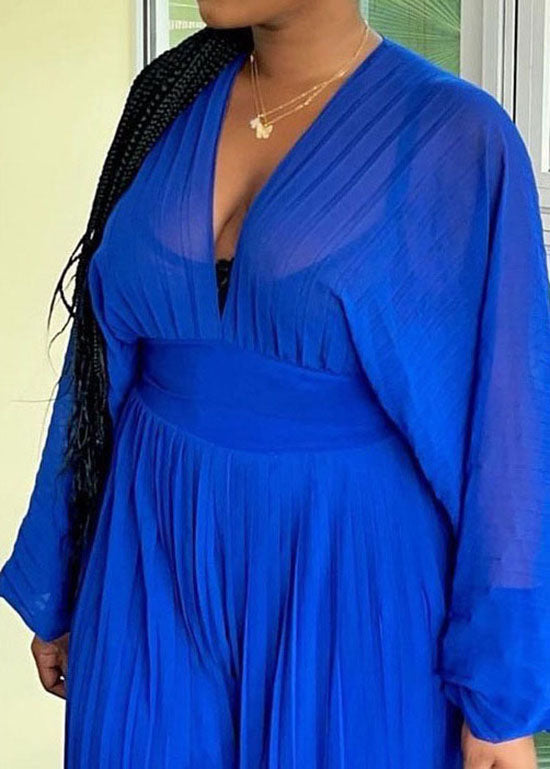 Sexy Blue V Neck Tops And Wide Leg Pants Chiffon Two Piece Set Fall