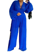 Load image into Gallery viewer, Sexy Blue V Neck Tops And Wide Leg Pants Chiffon Two Piece Set Fall