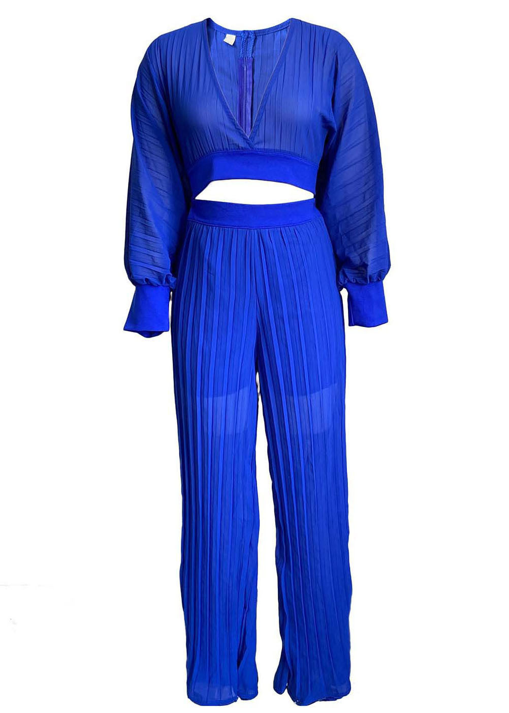 Sexy Blue V Neck Tops And Wide Leg Pants Chiffon Two Piece Set Fall