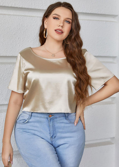 Sexy Gold O-Neck Backless Patchwork Silk T Shirt Summer