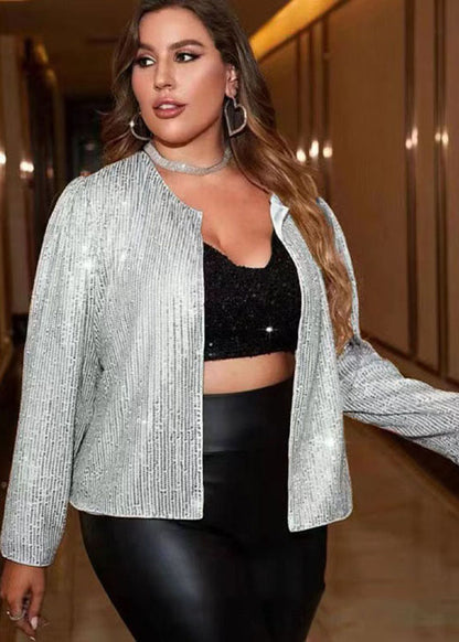 Sexy Gold O-Neck Sequins Solid Cardigans Long Sleeve