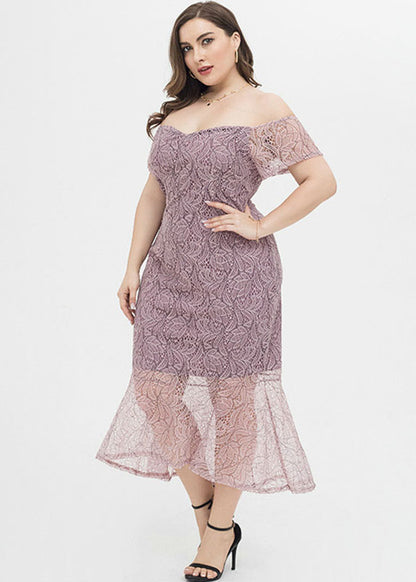 Sexy Lotus Pink Slash Neck Bustier Top Lace Maxi Dresses Short Sleeve