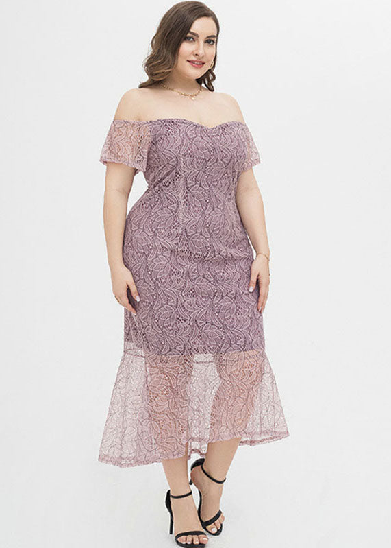 Sexy Lotus Pink Slash Neck Bustier Top Lace Maxi Dresses Short Sleeve