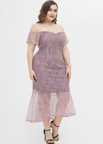 Sexy Lotus Pink Slash Neck Bustier Top Lace Maxi Dresses Short Sleeve