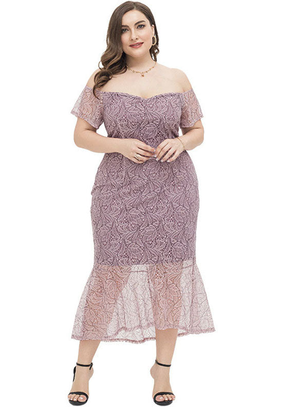 Sexy Lotus Pink Slash Neck Bustier Top Lace Maxi Dresses Short Sleeve