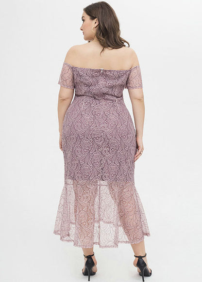 Sexy Lotus Pink Slash Neck Bustier Top Lace Maxi Dresses Short Sleeve