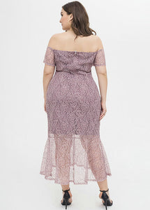 Sexy Lotus Pink Slash Neck Bustier Top Lace Maxi Dresses Short Sleeve