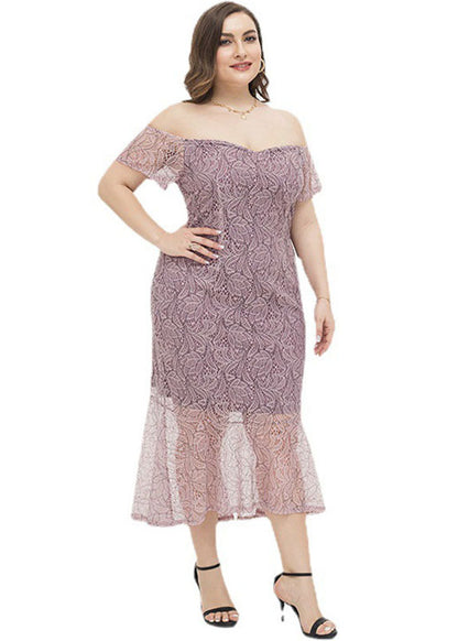 Sexy Lotus Pink Slash Neck Bustier Top Lace Maxi Dresses Short Sleeve