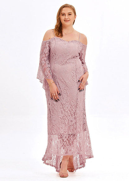 Sexy Pink Slash Neck Hollow Out Patchwork Lace Spaghetti Strap Dress Summer