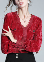 Sexy Red V Neck Lace Patchwork Silk Velour Top Long Sleeve