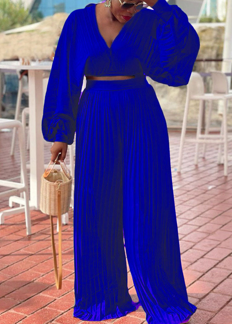 Sexy Red V Neck Wrinkled Chiffon Tops And Wide Leg Pants Two Piece Suit Fall