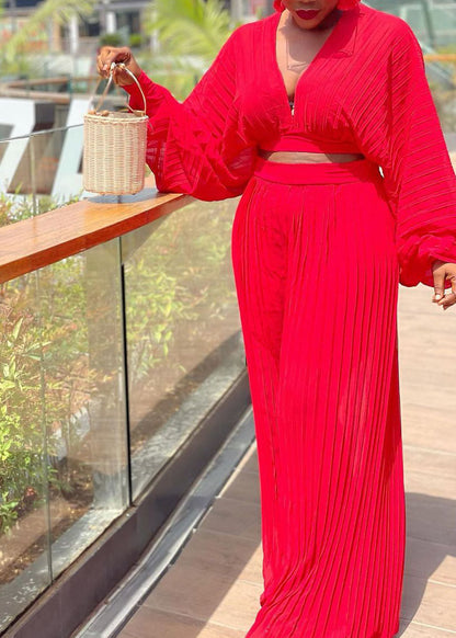 Sexy Red V Neck Wrinkled Chiffon Tops And Wide Leg Pants Two Piece Suit Fall