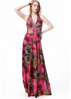 Sexy V Neck Print Patchwork Backless Vacation Ice Size Long Dresses Summer