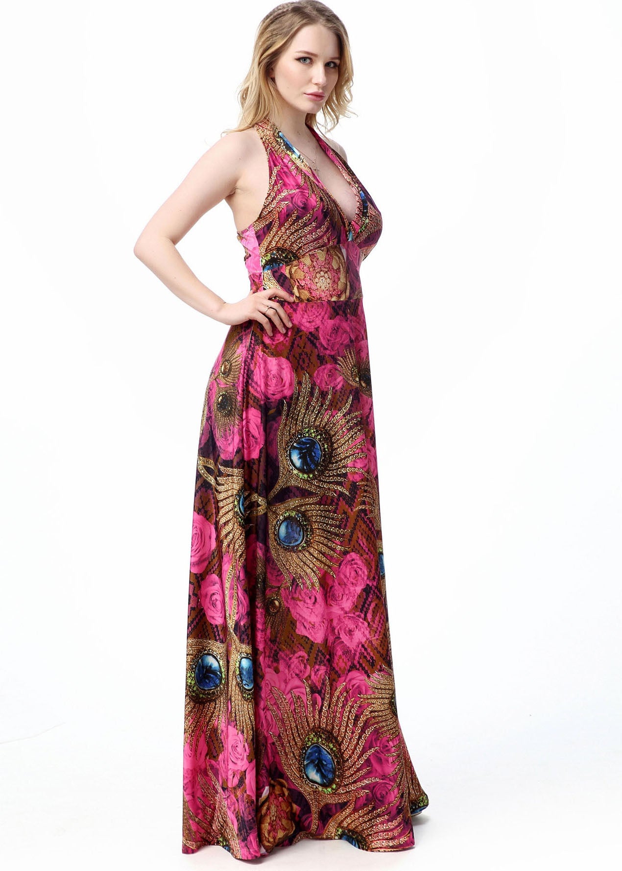 Sexy V Neck Print Patchwork Backless Vacation Ice Size Long Dresses Summer