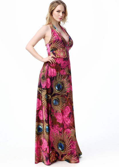 Sexy V Neck Print Patchwork Backless Vacation Ice Size Long Dresses Summer