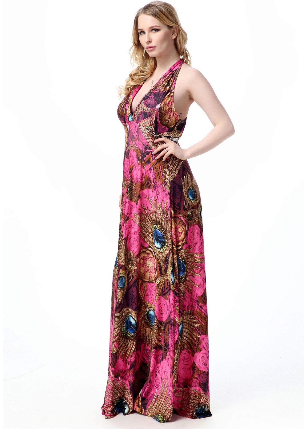 Sexy V Neck Print Patchwork Backless Vacation Ice Size Long Dresses Summer